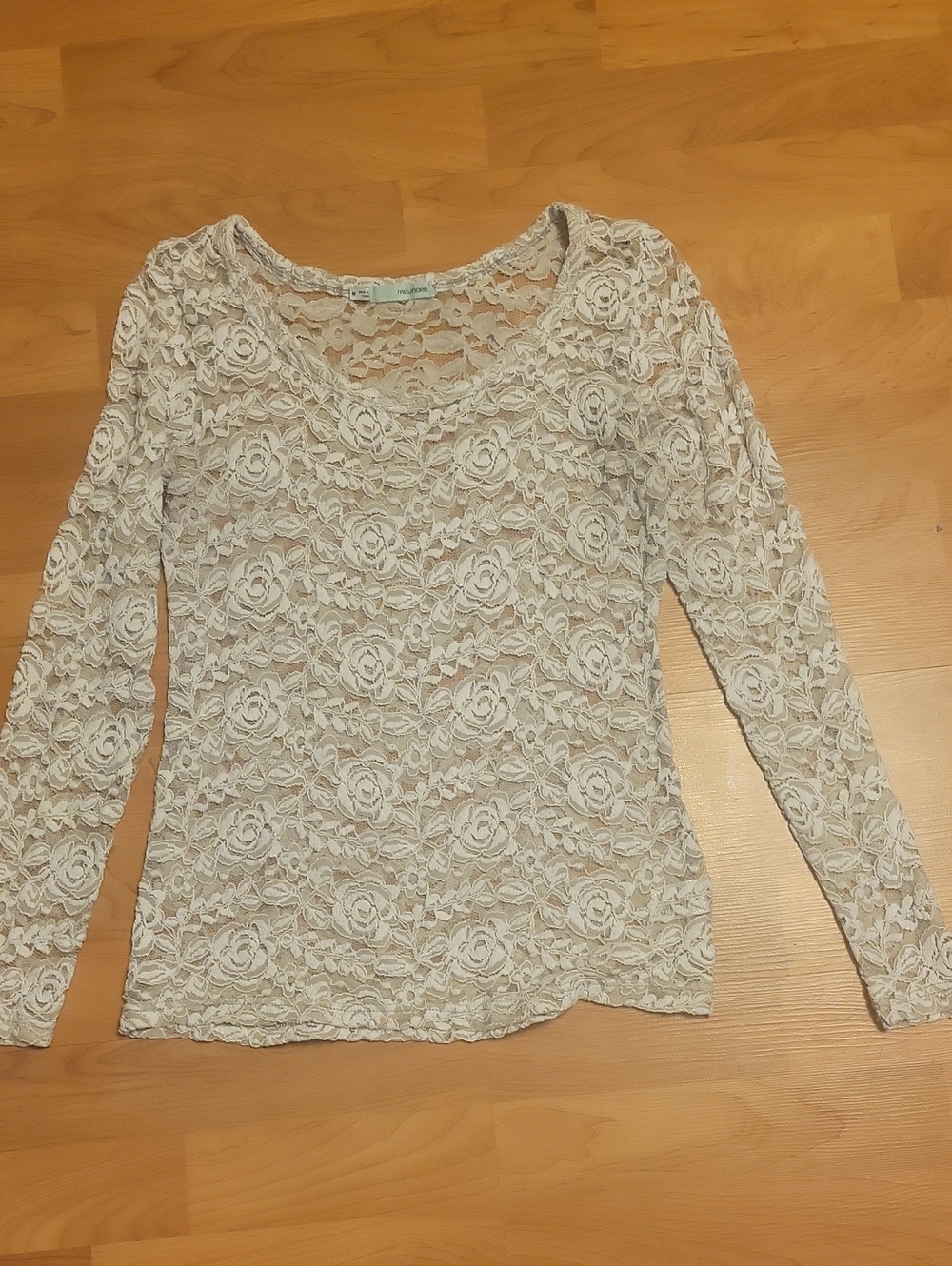 Maurices Cream Floral Lace Long-Sleeve Scoop Neck Top